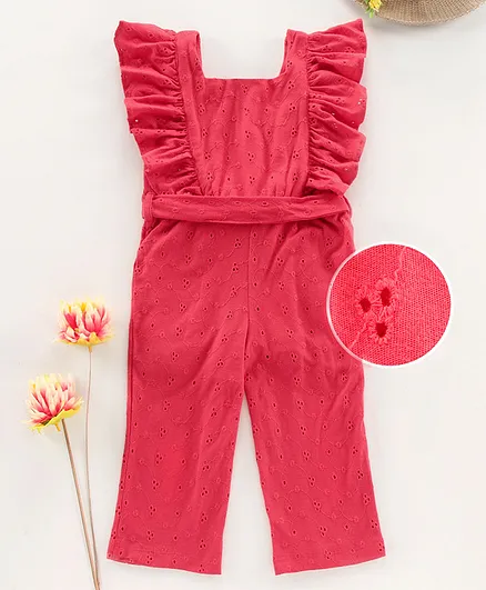 Babyhug Flutter Sleeves Knit Schiffli Jumpsuit - Fuchsia Pink