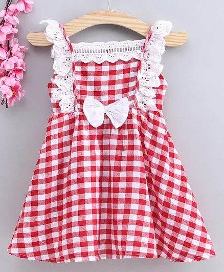 Babyhug Singlet Sleeves Checked Frock - Red