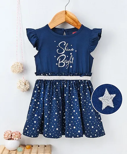 Babyhug Cap Sleeves Frock Star & Text Print - Navy Blue