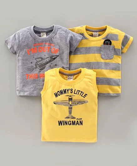 Play by Little Kangaroos Half Sleeves & Sleeveless Printed & Striped T-Shirts Pack of 3 - Grey Yellow