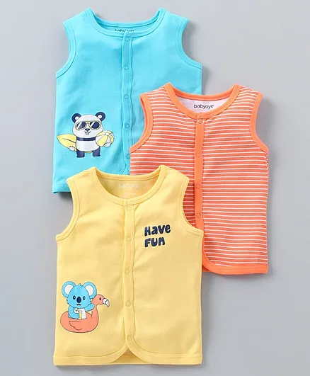 Babyoye Sleeveless Printed Vest Pack of 3 - Blue Yellow Orange