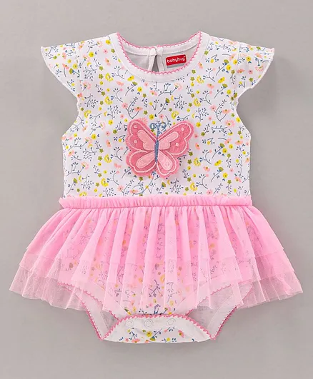 Babyhug 100% Cotton Short Sleeves Printed Frock Style Onesie - Pink