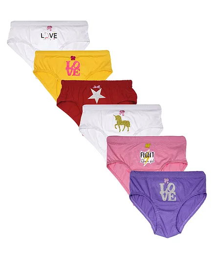 D'chica Pack of 6 Glittery Star Print Panties - White Yellow Red Purple