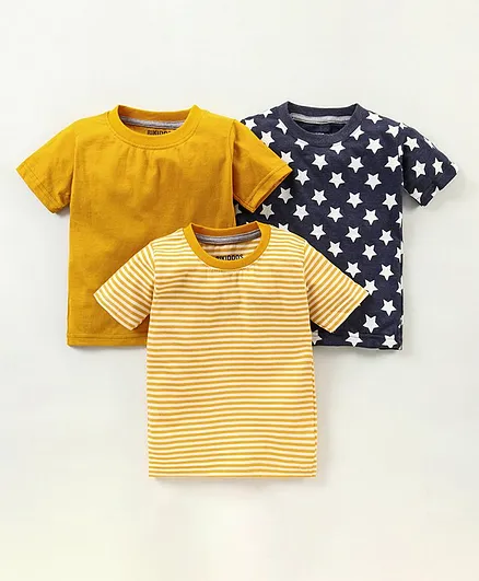 Rikidoos Pack Of 3 Half Sleeves Star Print T-Shirt - Yellow Blue