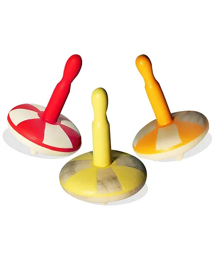 VParents Wooden Spin Tops Non Toxic Organic For Kids - Red Orange Yellow