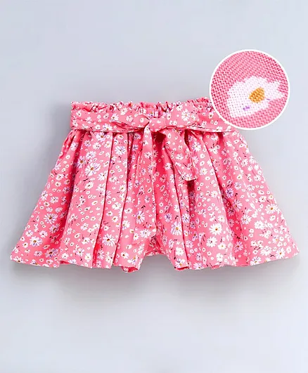 Babyhug Shorts With Fabric Belt Floral Print - Pink