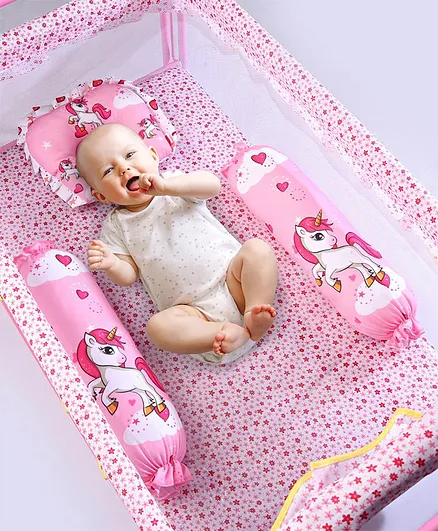 Babyhug Premium Pillow and Bolster Set Unicorn Print - Pink