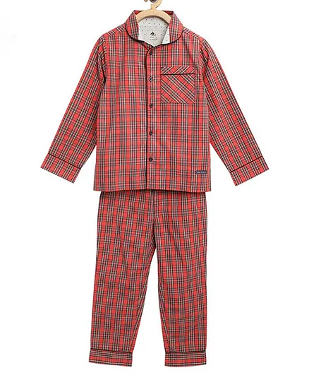 Cherry Crumble By Nitt Hyman Full Sleeves Checkered Night Suit - Red