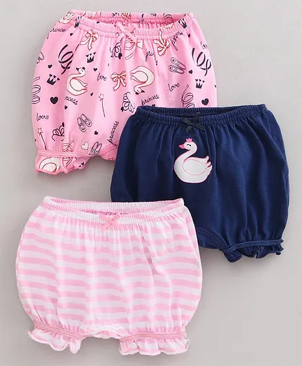 Babyoye Cotton Bloomers Stripes & Swan Print Pack of 3 - Light Pink Navy