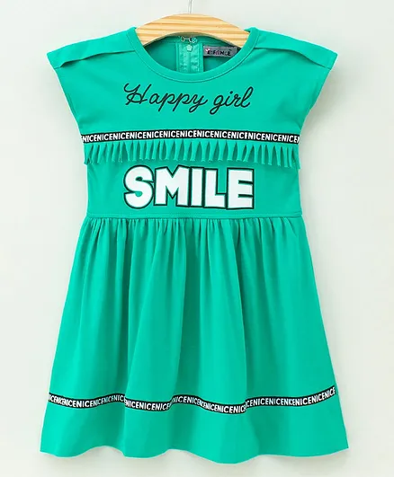 Enfance Core Cap Sleeves Smile Print Dress - Green