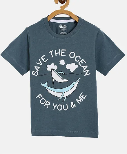 The Talking Canvas Half Sleeves Save Ocean Print T-Shirt - Grey