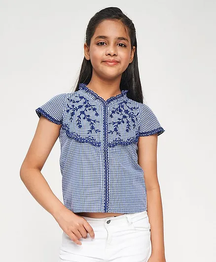 Global Desi Girl Short Sleeves Scallop Trim Checked Top - Blue