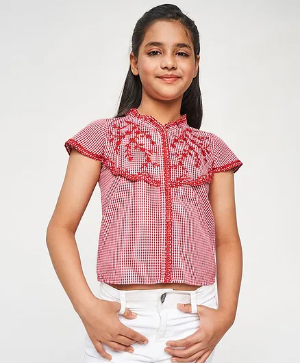 Global Desi Girl Short Sleeves Scallop Trim Checked Top - Pink