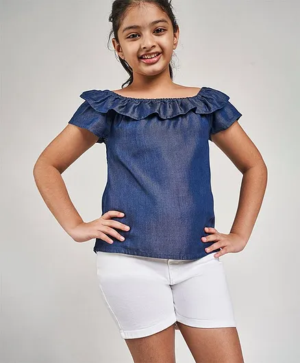 Global Desi Girl Short Sleeves Solid Colour Off Shoulder Dress - Blue