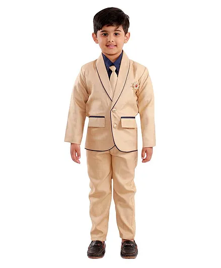 Fourfolds Solid Full Sleeves 4 Piece Party Suit - Beige Blue