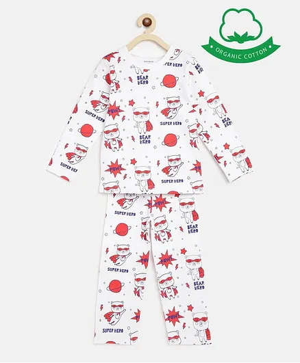 berrytree Organic Cotton Full Sleeves Teddy Bear Print Night Suit - Red