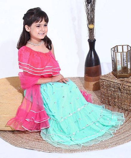 Babyhug Sleeveless Choli with Sequin Lehenga & Dupatta Set - Pink Blue