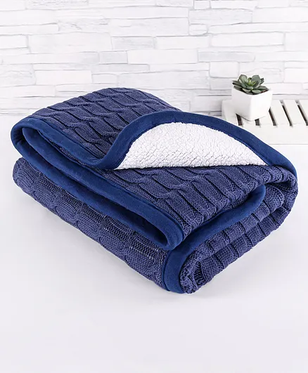 Babyhug Cotton Knitted Fur Blanket - Navy Blue