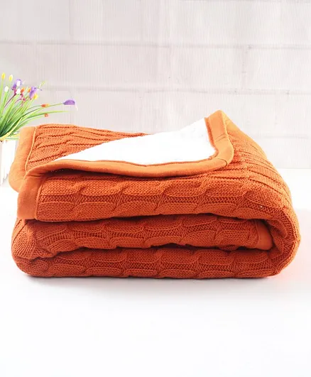 Babyhug Premium Knitted Cotton & Fur Blanket - Orange 