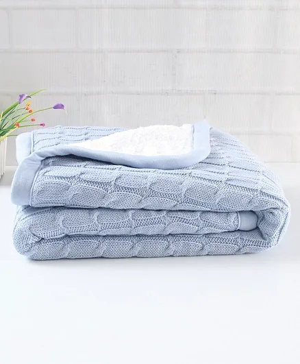 Babyhug Premium Knitted Cotton & Fur Blanket - Blue 