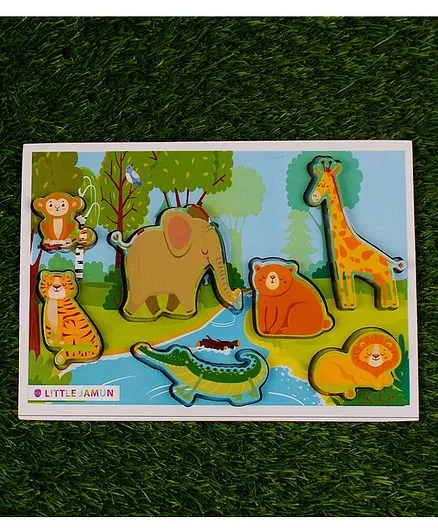 Little Jamun 3 in 1 Wild Animals Wooden Board Puzzle Multicolor - 7 Pieces