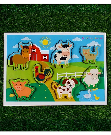 Little Jamun 3 in 1 Farm Animals Wooden Board Puzzle Multicolor - 7 Pieces
