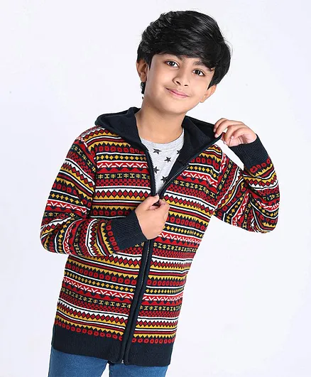 Pine Kids Full Sleeves Front Open Jacquard Sweater with Hoodie - Multicolor