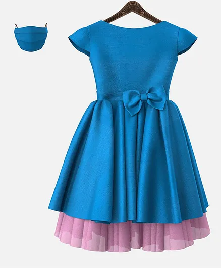 HEYKIDOO Cap Sleeves Bow Applique Dress With Matching Mask - Blue