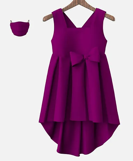 HEYKIDOO Sleeveless Box Pleated High Low Style Dress With Matching Mask - Dark Pink