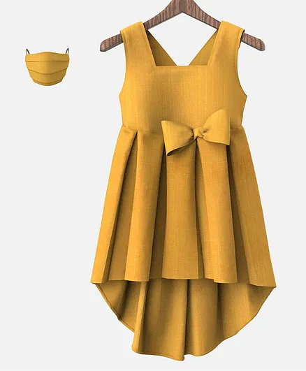 HEYKIDOO Sleeveless Box Pleated High Low Style Dress With Matching Mask - Yellow