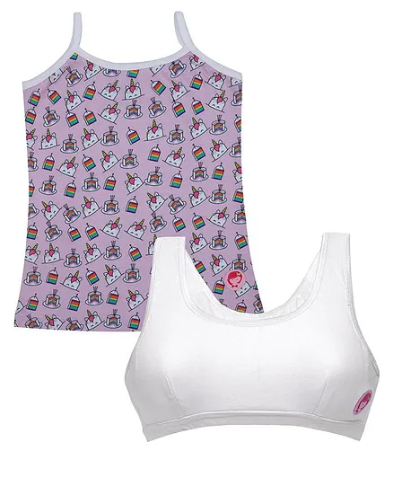 D'chica Pack of 2 Sleeveless Unicorn Print Camisole With Beginner Bra - Pink & White