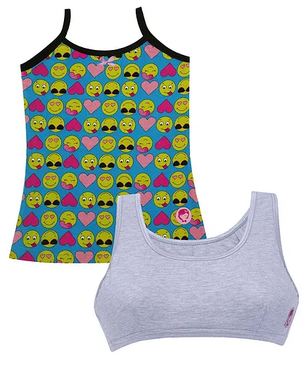 D'chica Pack of 2 Sleeveless Smiley Print Camisole With Beginner Bra - Grey & Blue