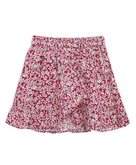 KIDKLO Floral Print Overlap Ruffle Skirt - Pink