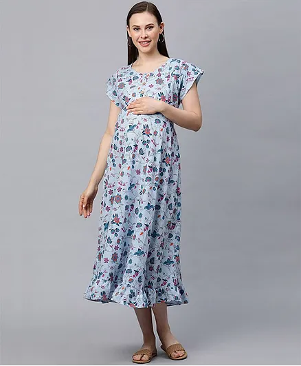 MomToBe Short Sleeves Floral Print Maternity Dress - Light Blue