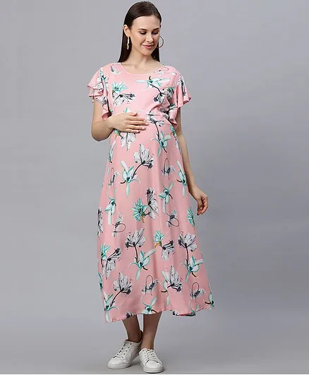 MomToBe Short Sleeves Floral Print Maternity & Nursing Dress - Peach