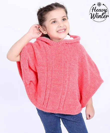 Babyoye Full Sleeves Hooded Poncho Style Sweater - Peach