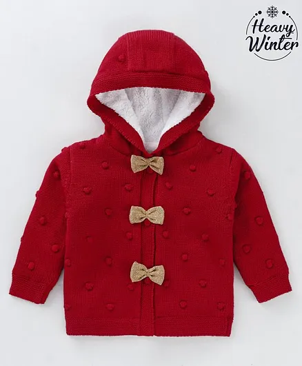 Babyoye Cotton Full Sleeve Hooded Sweaters Embroidered with Bow - Red