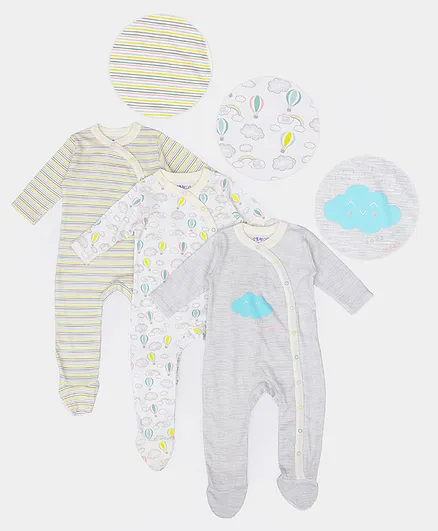 Mi Arcus Pack Of 3 Full Sleeves Striped & Cloud Print Detailing Sleep Suits - Grey