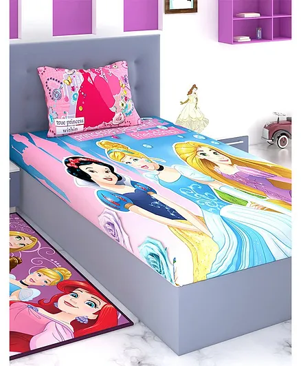 Athom Trendz Disney Princess Single Bed Sheet with Pillow Cover - Pink Blue