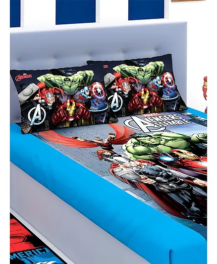 Athom Trendz Avengers Double Bed Sheet with Pillow Covers - Blue