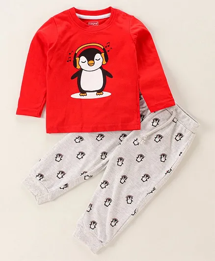 Babyhug Full Sleeves Night Suit Penguin Print - Red Grey