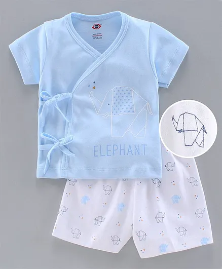 Zero Half Sleeves Vest & Shorts Elephant Print - Blue White