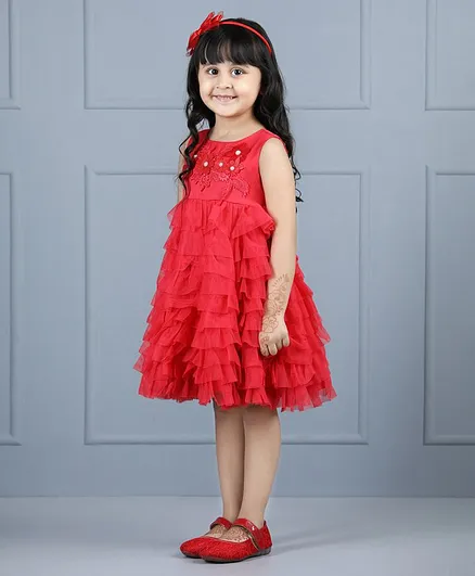 Babyhug Sleeveless Applique Flowers Party Wear Frock - Red