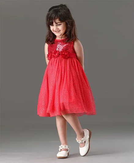Babyhug Sleeveless Sequin Party Wear Frock - Red