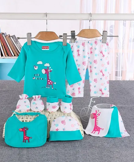 Babyhug 100%Cotton Clothing Gift Set Giraffe Print Pack of 9 - White Blue