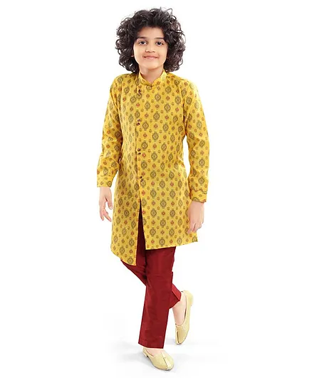 Nakshi By Yug Full Sleeves Block Print Kurta & Churidar - Yellow