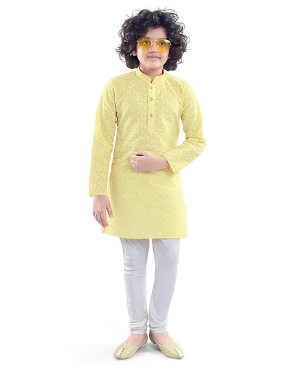 Nakshi By Yug Full Sleeves Leaves Embroidery Detailing Kurta & Churidar Set - Yellow