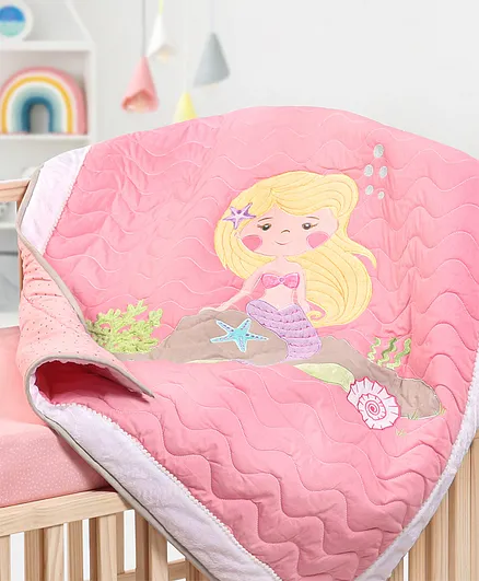 Babyhug Premium 100% Cotton Embroidered Quilt In Mermaid Theme - Pink