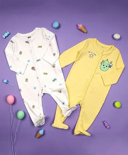 Kicks & Crawl Bow & Candy Print Full Sleeves Pack Of 2 Sleep Suits - Yellow & White