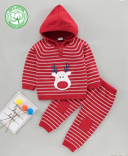 Babyhug Full Sleeves Hooded 100% Organic Cotton Sweater & Pajama Set - Red